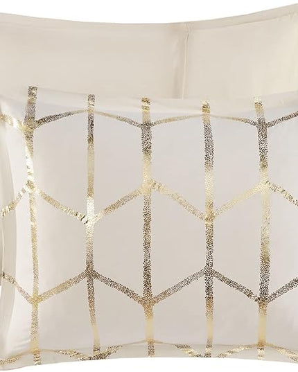 Intelligent Design, Soft Microfiber Comforter Modern Geometric Metallic Bed Set, King/Cal King, Ivory/Gold - LeafyLoom