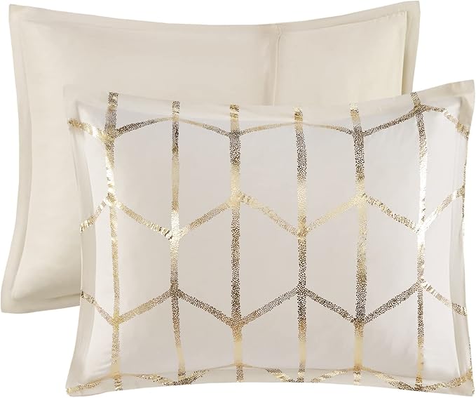 Intelligent Design, Soft Microfiber Comforter Modern Geometric Metallic Bed Set, King/Cal King, Ivory/Gold - LeafyLoom