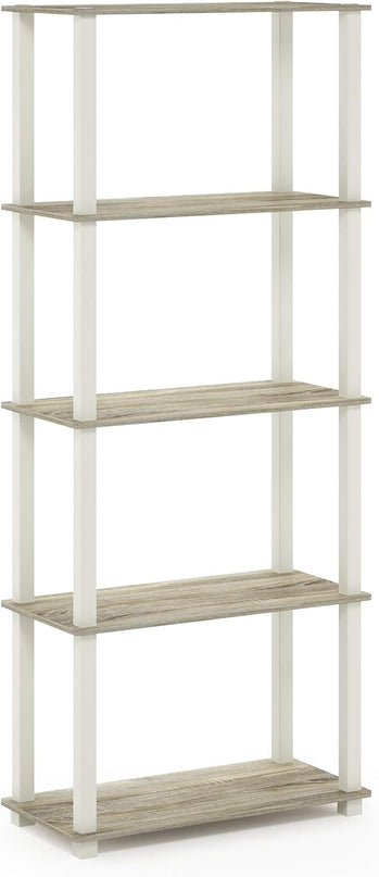 Furinno Turn-N-Tube 5-Tier Multipurpose Shelf / Display Rack / Storage Shelf / Bookshelf, Square Tubes, Sonoma Oak/White - LeafyLoom