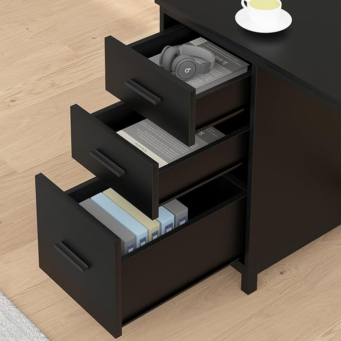 HSH Large Black L Shaped Desk, Corner Wood Computer Desk with Drawer, Modern Work Home Office Desk with Storage Cabinet, Industrial Executive PC Study Writing Desk for Living Bedroom, Black, 59 Inch - LeafyLoom