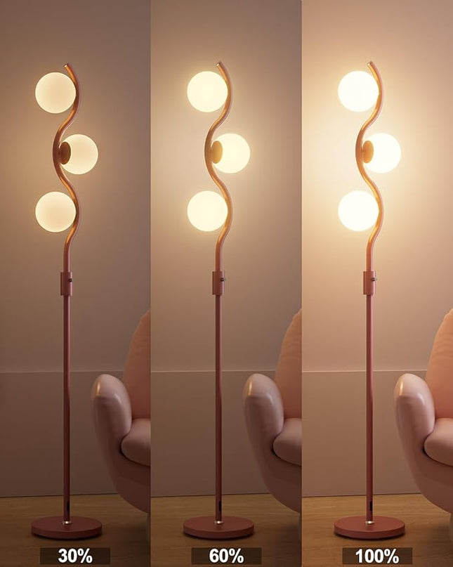 Lightdot 60IN Dimmable (Brightness Adjustable) Pink Floor Lamp, Mid Century Standing Lamps with 3 Globe Soft Warm White Eye Care 3000K Bulbs Included, Modern Tall Lamp for Bedroom Office - LeafyLoom