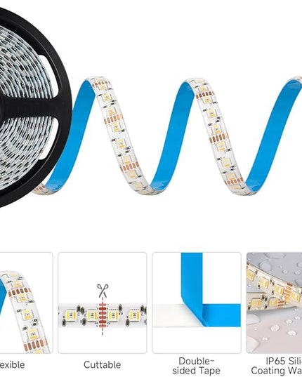 BTF-LIGHTING RGBCCT 5 Colors in 1 LED Tape Lights 5050SMD RGBWW RGB+Dimmable Color Temperature 2700K-6500K 16.4ft 96LED/m 480LED IP65 DC12V White PCB for Home Decoration(No Adapter or Controller) BTF-LIGHTING