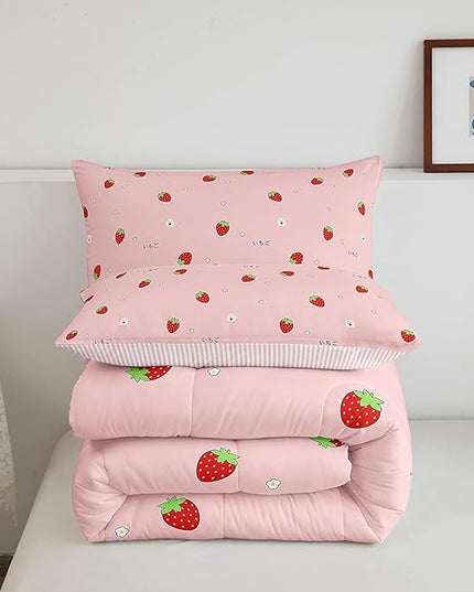 Girls Strawberry Comforter Set King Kawaii Strawberry Comforter for Kids Japanese Style Pink Cute Cartoon Fruit Food Theme Bedding Set Girly White Floral Down Comforter Reversible Soft Lightweight - LeafyLoom