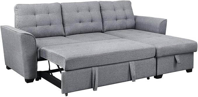 Reversible Sectional Sofa, L-shaped Corner Couch with Storage Chaise Lounge Ottoman, Pull Out Sleeper Bed for Compact Spaces, Bedroom, Apartment, 61.75 Inch, Light Gray - LeafyLoom