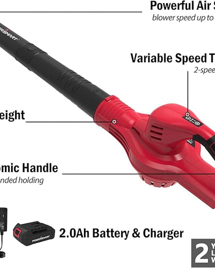 PowerSmart Cordless Leaf Blower with Battery and Charger, 2 Speed Mode, 20V Electric Lightweight Small Battery Powered Leaf Blower for Lawn Care, Patio, Jobsite - LeafyLoom