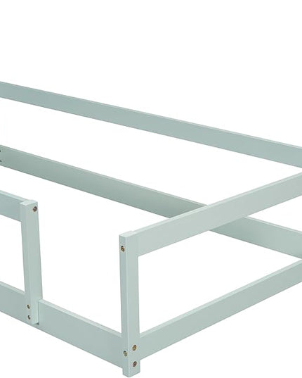 Bellemave Twin Size House-Shaped Headboard Floor Bed with Fences, Wooden Montessori Bed for Kids,House Bed Twin Frame for Girls,Boys (Light Green) - LeafyLoom