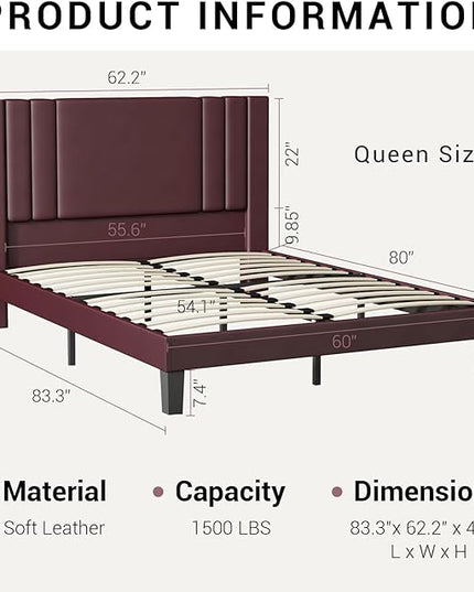Upholstered Queen Bed Frame/Leather Upholstered Platform Bed with Headboard and Sturdy Wooden Slats/No Box Spring Needed/Noise-Free/Easy Assembly - LeafyLoom