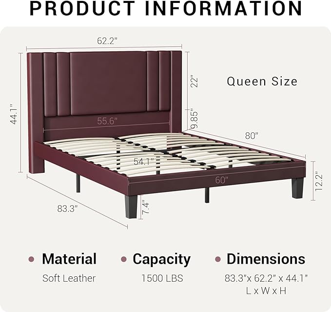 Upholstered Queen Bed Frame/Leather Upholstered Platform Bed with Headboard and Sturdy Wooden Slats/No Box Spring Needed/Noise-Free/Easy Assembly - LeafyLoom