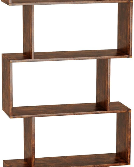 Yusong Bookshelf 5-Tier, Geometric Bookcase S Shaped Book Shelves for Bedroom, Modern Industrial Wood Decorative Display Shelf Book Case for Home Office, Rustic Brown - LeafyLoom