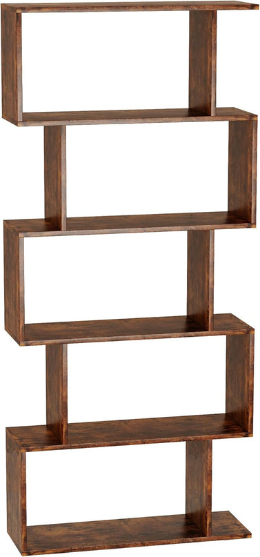 Yusong Bookshelf 5-Tier, Geometric Bookcase S Shaped Book Shelves for Bedroom, Modern Industrial Wood Decorative Display Shelf Book Case for Home Office, Rustic Brown - LeafyLoom