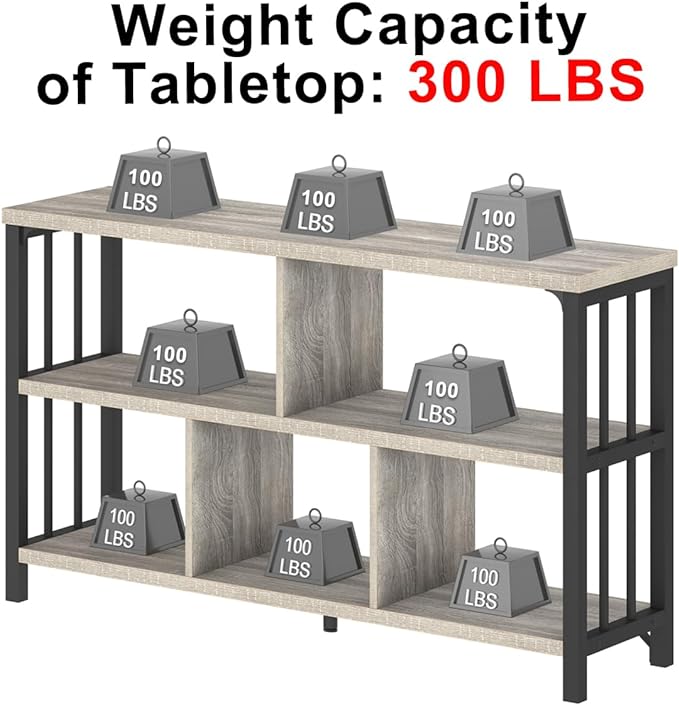IBF Industrial Horizontal Bookshelf, Modern 5 Cube Storage Organizer Open Shelf, Low Wide Cubby Bookcase for Home Office Living, Wooden Metal Short Book Shelf Bedroom Storage, Light Grey Oak, 47 Inch - LeafyLoom