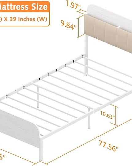 Timy Kids Twin Bed Frame with Bookcase Headboard, Metal Platform Bed Frame with Upholstered Headboard for Boys Girls Teens Adults, No Box Spring Needed, White - LeafyLoom