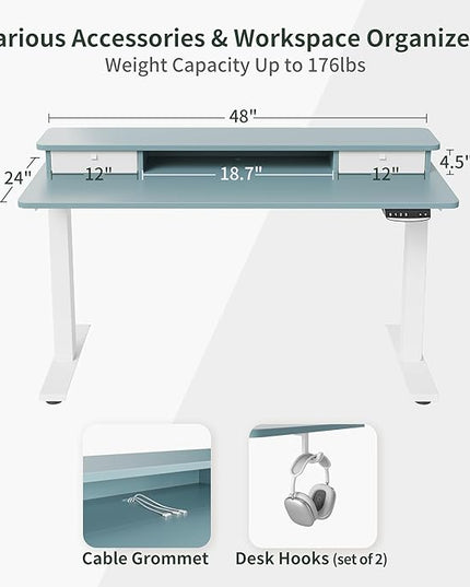 FEZIBO 48 x 24 Inch Height Adjustable Electric Standing Desk with Double Drawer, Stand Up Desk with Storage Shelf, Sit Stand Desk, Blue - LeafyLoom