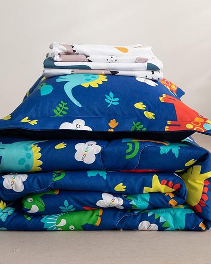 Wajade 7 Piece Kid Boys Dinosaur Comforter Set Queen Size 3D Blue Dinosaur Wild Park Jungle Print Bedding Set with Comforter, Sheet Set, Pillowcase and Sham - LeafyLoom