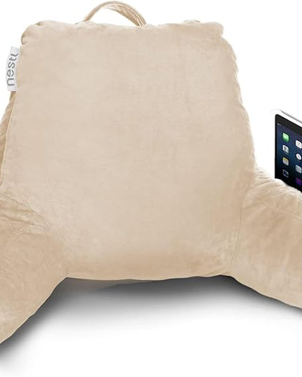 Nestl Reading Pillow with Portable Laptop Lap Desk, Velvet Feel Back Pillow for Sitting in Bed, Shredded Memory Foam Back Support Pillow for Bed, Bed Rest Pillow with Arms, Small - Cream - LeafyLoom
