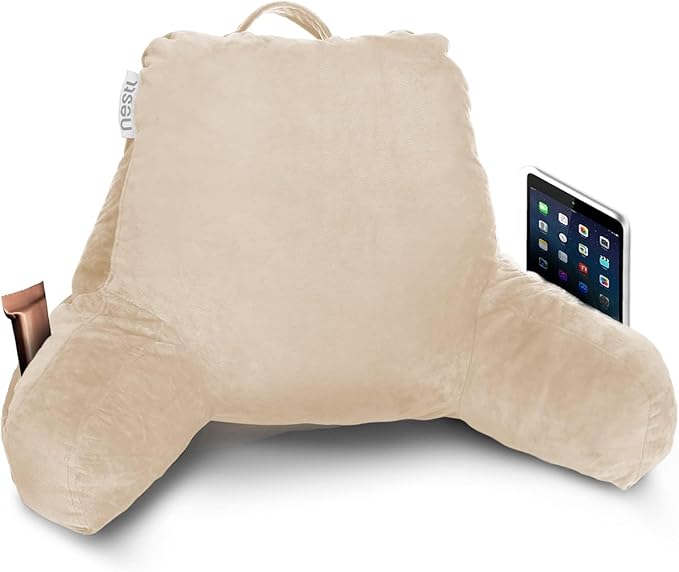 Nestl Reading Pillow with Portable Laptop Lap Desk, Velvet Feel Back Pillow for Sitting in Bed, Shredded Memory Foam Back Support Pillow for Bed, Bed Rest Pillow with Arms, Small - Cream - LeafyLoom