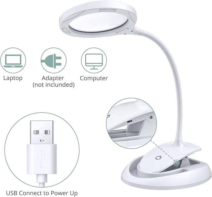 COLFULINE Magnifying Lamp 5X 10X, 2-in-1 Rechargeable Magnifying Glass with Light, LED Magnifying Light with Base & Clamp and Touch Button for Reading, Working, Crafts, 3 Adjustable Brightness - LeafyLoom