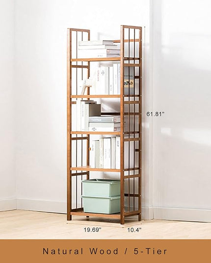 IOTXY Bamboo Open Bookshelf - Small 5-Tier Free-Standing Storage Rack, Multifunctional Display Stand for Bookcase, Home and Office, Light Brown - LeafyLoom
