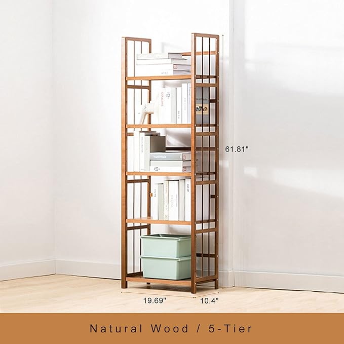IOTXY Bamboo Open Bookshelf - Small 5-Tier Free-Standing Storage Rack, Multifunctional Display Stand for Bookcase, Home and Office, Light Brown - LeafyLoom