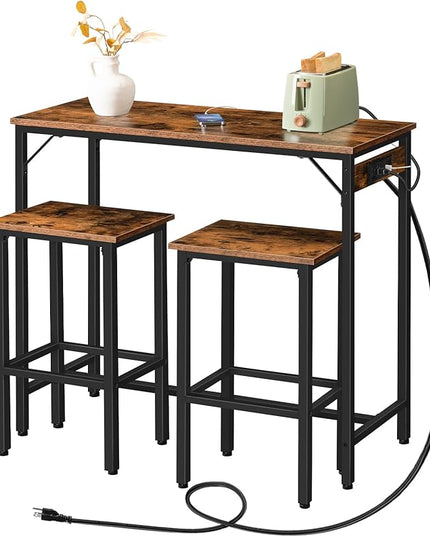 HOOBRO Bar Table Set with Power Outlet, 39.4“ Bar Table and Chairs Set, 3-Piece Pub Table Set for Small Space, Kitchen Bar Height Table with Stools of 2, Easy to Assemble, Rustic Brown BF45UBT01 - LeafyLoom