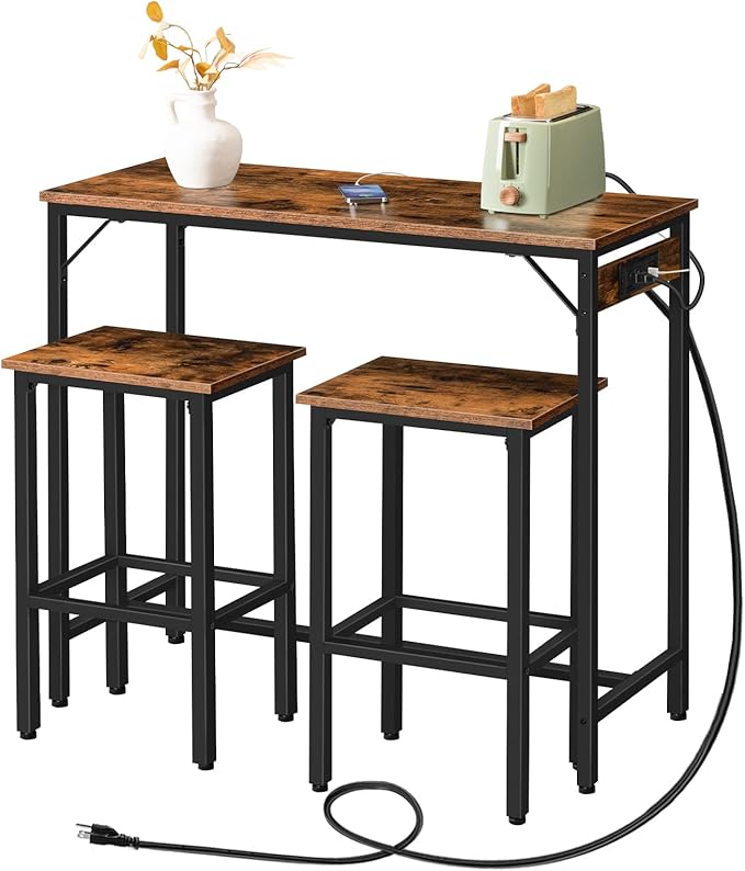 HOOBRO Bar Table Set with Power Outlet, 39.4“ Bar Table and Chairs Set, 3-Piece Pub Table Set for Small Space, Kitchen Bar Height Table with Stools of 2, Easy to Assemble, Rustic Brown BF45UBT01 - LeafyLoom