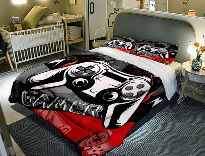 Sunnycitron Red Gamer Comforter Set for Boys Gaming Bedding Set Teens Game Room Decor Twin (1 Comforter + 2 Pillowcase) - LeafyLoom