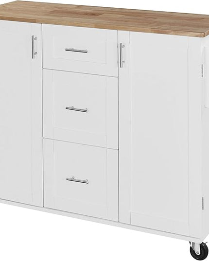 50Inch Rolling Kitchen Island Cart with Internal Cabinet, 3 Drawers and Storage Shelf, Kitchen-Island Table on Wheels w/Rubber Wood Top, Spice Rack, for Dining Room House Bar - LeafyLoom