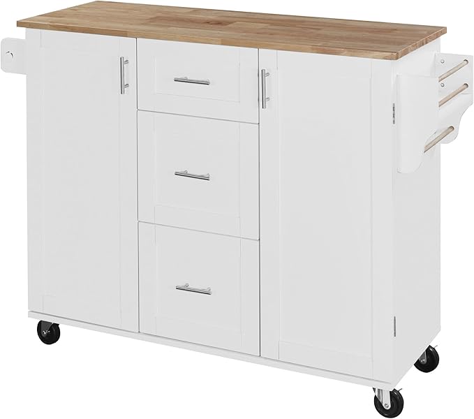 50Inch Rolling Kitchen Island Cart with Internal Cabinet, 3 Drawers and Storage Shelf, Kitchen-Island Table on Wheels w/Rubber Wood Top, Spice Rack, for Dining Room House Bar - LeafyLoom