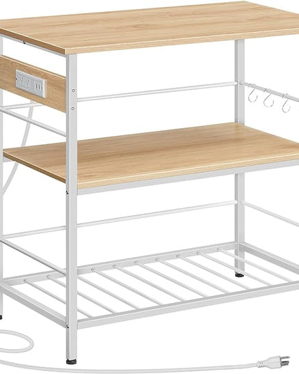 HOOBRO Kitchen Island with Storage, Kitchen Island Table with Power Outlet, 3 Tier Coffee Station and Microwave Stand, for Home, Kitchen and Dining Room, Natural and White WN021ZD01 - LeafyLoom