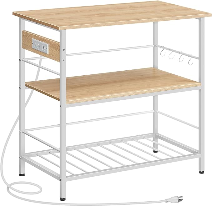HOOBRO Kitchen Island with Storage, Kitchen Island Table with Power Outlet, 3 Tier Coffee Station and Microwave Stand, for Home, Kitchen and Dining Room, Natural and White WN021ZD01 - LeafyLoom
