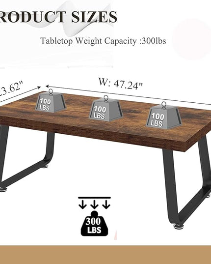 HSH Wooden Coffee Table, Industrial Rectangle Center Table, Modern Minimalist Coffee Table for Living Room, Farmhouse Wood and Metal Cocktail Tea Table for Bedroom Home Office, Rustic Brown, 47 in - LeafyLoom