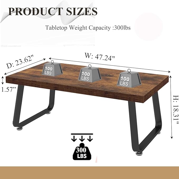 HSH Wooden Coffee Table, Industrial Rectangle Center Table, Modern Minimalist Coffee Table for Living Room, Farmhouse Wood and Metal Cocktail Tea Table for Bedroom Home Office, Rustic Brown, 47 in - LeafyLoom