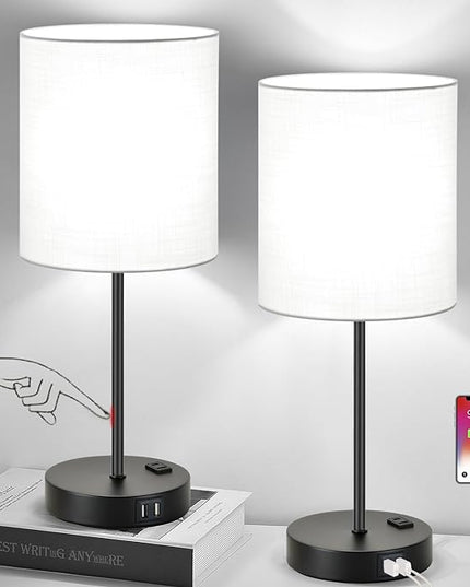 Lynnoland 𝟮𝟬𝟮𝟯 𝗡𝗘𝗪 Set of 2 Touch Control Table Lamps with 2 USB & AC Outlet, 3-Way Dimmable Bedside Nightstand Lamps for Bedroom Living Room Nursery, 800 Lumens 5000K Daylight Bulbs Included - LeafyLoom
