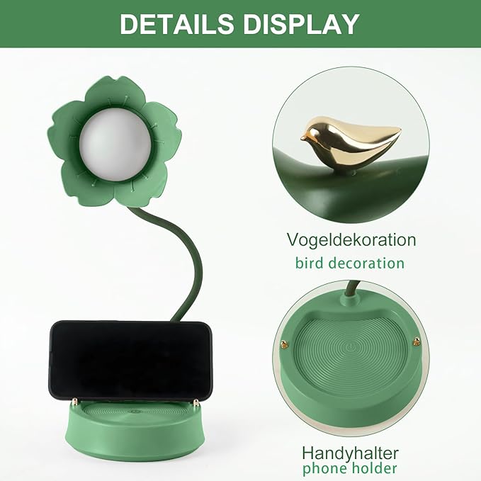 Himmel Flower Desk Lamp, Dimmable LED Kid Desk Lamp with 3 Colour Temperatures, Cordless Rechargeable Desk Lamp with Touch Sensor and Flexible Arm, USB Bedside Lamp for Reading, Learning - LeafyLoom