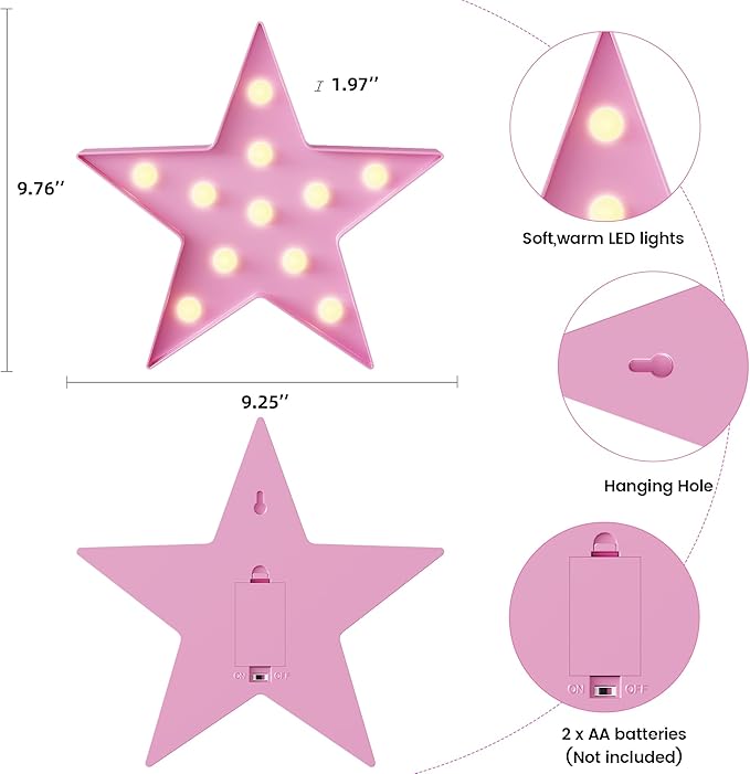 Pink Star Night Light for Kids, Battery Powered Birthday Party Decorations, Kids Room Decor for Bedrooms, Baby Night Light, Toddler Room Decor, Pink Room Decor, Pink Wall Decor for Bedroom - LeafyLoom