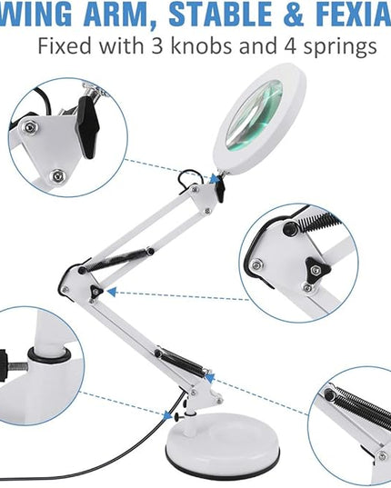 2-in-1 Magnifying Glass with Light and Stand, 5X Real Glass Lens 3 Color Modes Stepless Dimmable, Adjustable LED Lighted Magnifier Desk Lamp with Clamp for Reading, Crafts, Close Works - White - LeafyLoom