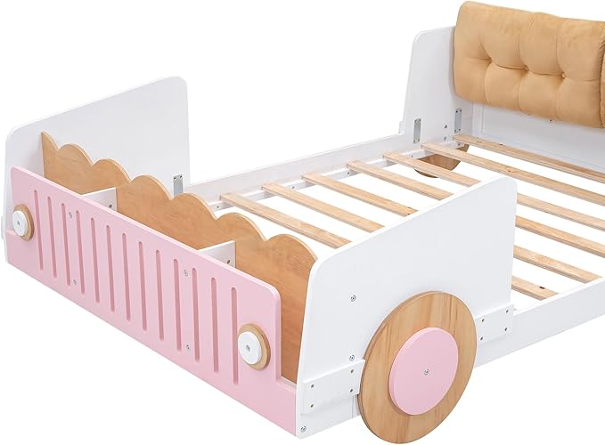 Full size Car-Shaped Platform Bed with Soft Cushion,Wooden Car Bedframe W/Footboard in-Build Shelves,Easy Assembly,Fun Play Design,Bedroom Furniture for Boys Girls Kids Toddlers Teens,White - LeafyLoom