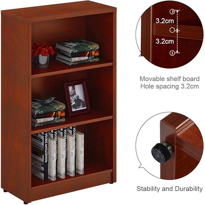Sunon 3 Shelf Wood Bookcase Freestanding Display Shelf Adjustable Layers Bookshelf for Home Office Library Small Narrow Space (Cherry, 3-Layers) - LeafyLoom