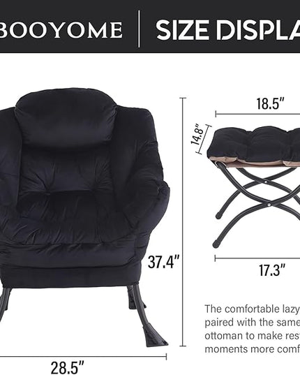 Lazy Chair with Ottoman, Modern Accent Chair Contemporary Lounge Leisure Upholstered Sofa Chair Set with Armrests, Reading Chair for Living Room, Bedroom, Office, Black - LeafyLoom