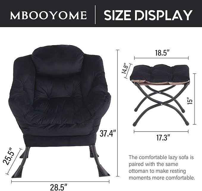 Lazy Chair with Ottoman, Modern Accent Chair Contemporary Lounge Leisure Upholstered Sofa Chair Set with Armrests, Reading Chair for Living Room, Bedroom, Office, Black - LeafyLoom