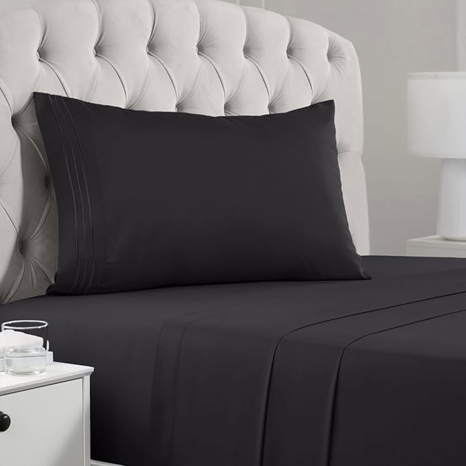 Mellanni Twin XL Sheets Set - 3 PC Iconic Collection Bedding Sheets & Pillowcases - Hotel Luxury, Extra Soft, Cooling Bed Sheets - Deep Pocket up to 16 inch (Twin Extra Long, Black) - LeafyLoom