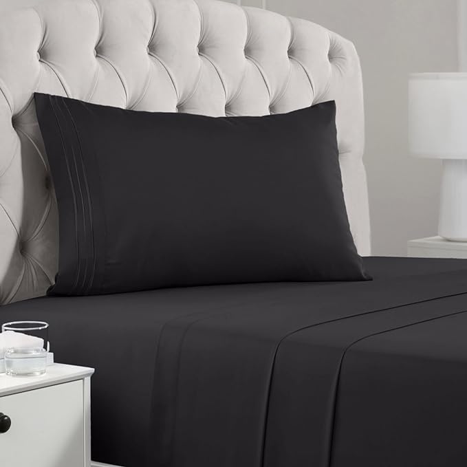 Mellanni Twin Sheets Set - 3 PC Iconic Collection Bedding Sheets & Pillowcases - Hotel Luxury, Extra Soft, Cooling Bed Sheets - Deep Pocket up to 16 inch (Twin, Black) - LeafyLoom