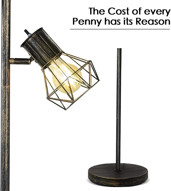 BoostArea Industrial Floor Lamp, Tree-Bronze Gold, 3 Diamond-Shaped Lamp Cages, 3pcs 6W LED Bulbs Included, Eco-Friendly, Reliable Quality, Easy Assembly, Match with Multiple Home Styles - LeafyLoom