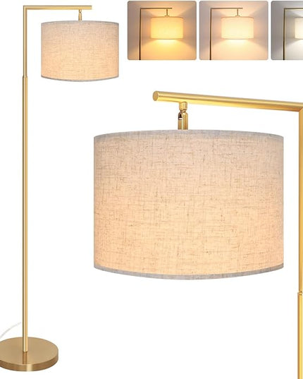 FAGUANGAO 3-Color Temterapure Gold Floor Lamp, Mid Century Modern Floor Lamp, Brass Standing Lamp with Hanging Drum Shade for Living Room, Reading Room, Bedroom, Office (LED Bulb Included) - LeafyLoom