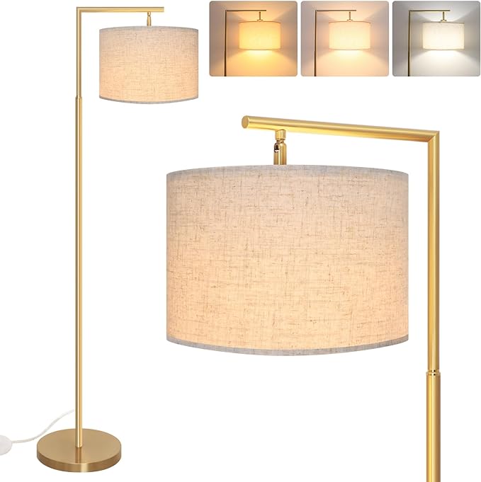 FAGUANGAO 3-Color Temterapure Gold Floor Lamp, Mid Century Modern Floor Lamp, Brass Standing Lamp with Hanging Drum Shade for Living Room, Reading Room, Bedroom, Office (LED Bulb Included) - LeafyLoom