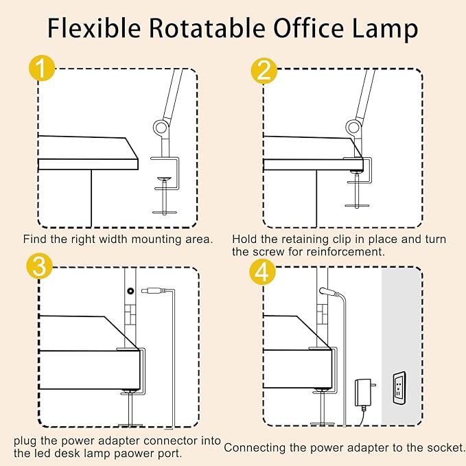 LED Desk Lamp with Clamp Flexible 4 sections Swing Arm Three light sources desk light, 4 Color Modes & 5 Brightness, Eye Caring Led table light with Memory Function for table lamps for office - LeafyLoom