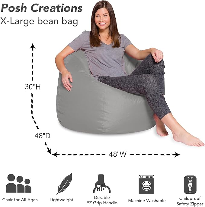 Posh Creations Bean Bag Chair for Kids, Teens, and Adults Includes Removable and Machine Washable Cover, Solid Gray, 48in - X-Large - LeafyLoom