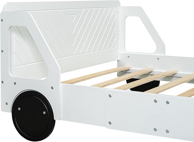 Full Size Car-Shaped Platform Bed with Wheels,Wood Bedframe W/Rails on Both Sides & Slat Support,No Box Spring Needed,Fun Play for Boys Kids Toddlers Child's Bedroom,White - LeafyLoom