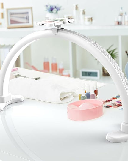 Large Super Bright Half Moon LED Light for Table Nail Desk, Professional Nail Lamp for Desk for Nail Techs with Phone Stand Perfect for Nails Tech Manicure - 45W (White) - LeafyLoom