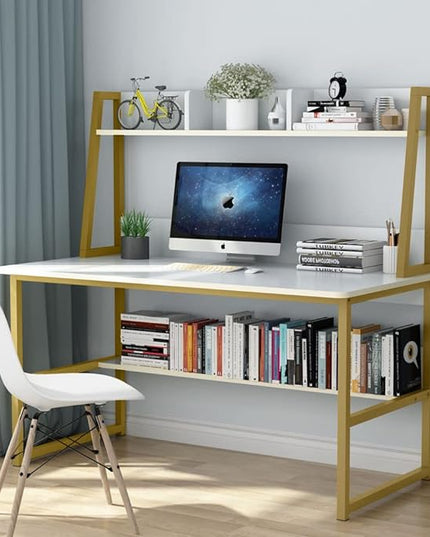 Tribesigns Computer Desk with Hutch, 47 inches Home Office Desk with Space Saving Design with Bookshelf for Small Spaces (White &gold, 47) - LeafyLoom